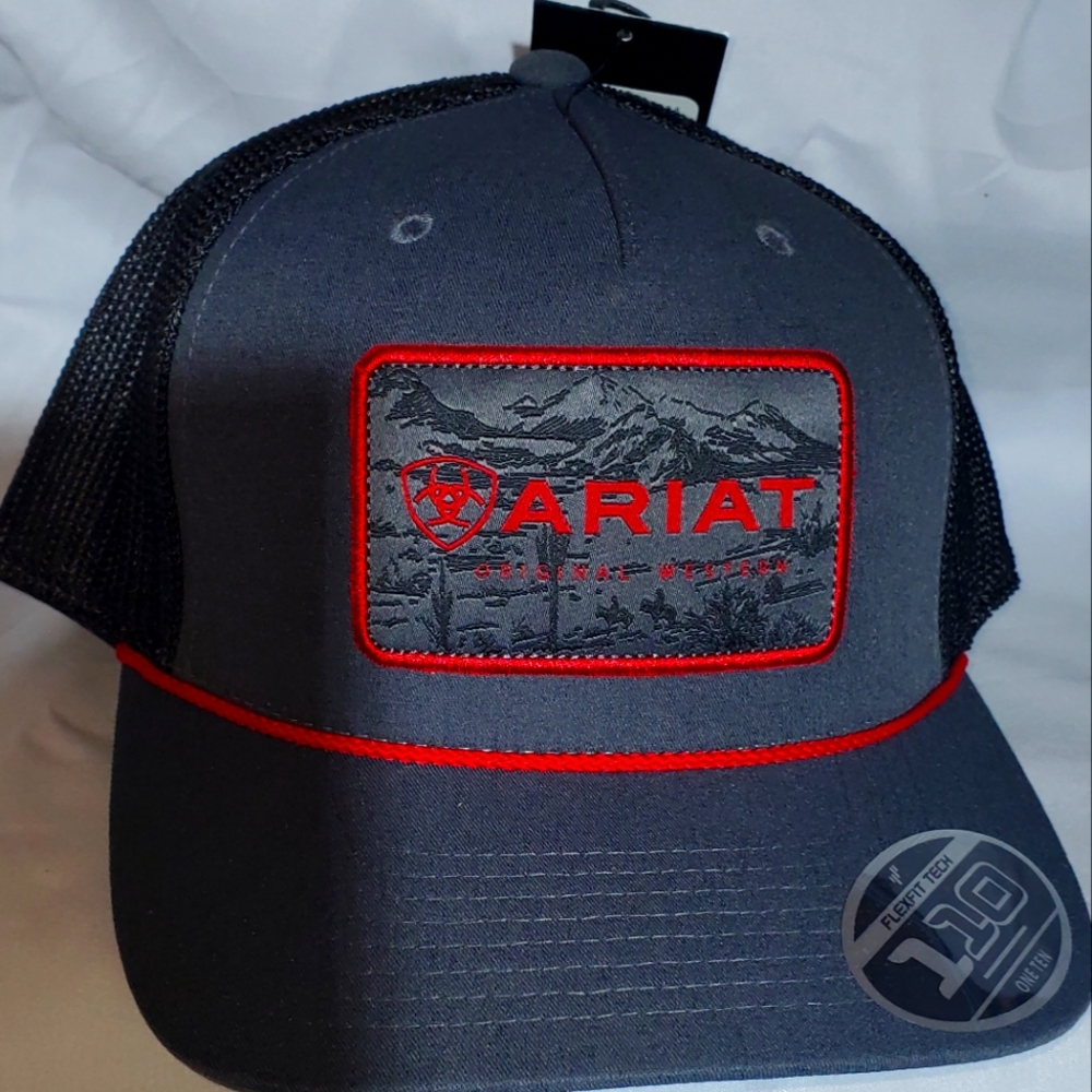 Ariat Hat. (New) charcoal face,  Black mesh back, with red patch. Snap back.